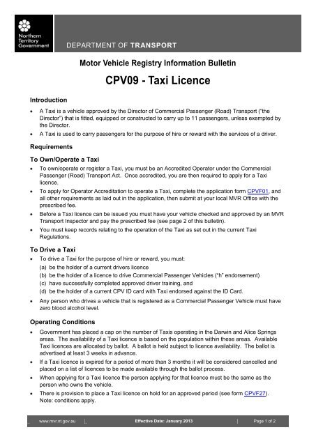 Motor Vehicle Registry Information Bulletin CPV09 - Taxi Licence