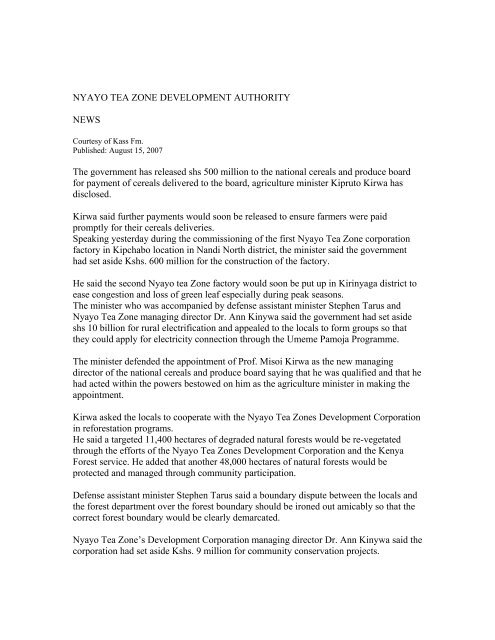 Nyayo Tea Zones Development Corporation - Mars Group Kenya