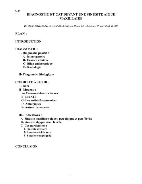 Diagnostic et conduite à tenir devant une sinusite - CHU Hassan II