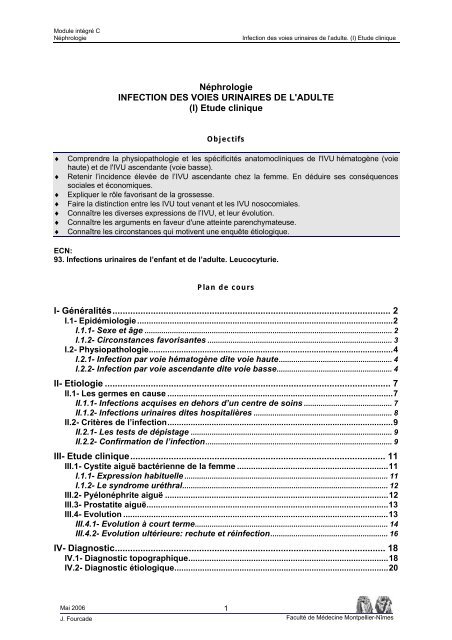 Néphrologie INFECTION DES VOIES URINAIRES DE L'ADULTE (I ...