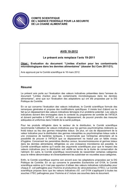 Avis 10-2012 du Comité scientifique de l'AFSCA - FAVV