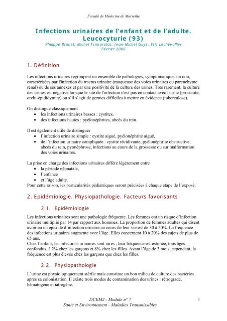 Infections urinaires de l'enfant et de l'adulte. Leucocyturie ...