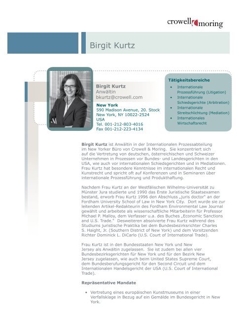 Birgit Kurtz - German Bio - Crowell & Moring