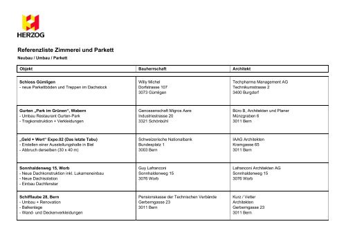 Referenzliste Zimmerei und Parkett - HERZOG Bau und Holzbau AG