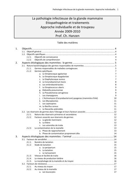 La pathologie infectieuse de la glande mammaire Etiopathogénie et ...