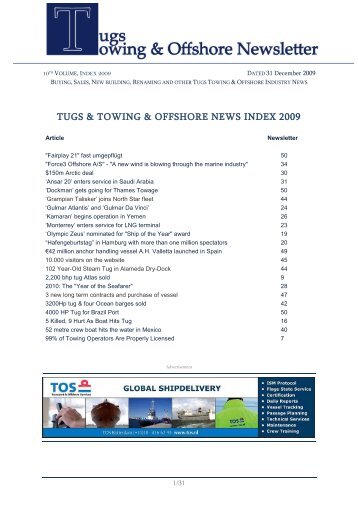 Tugs & towing & offshore news index 2009 - Towingline.com