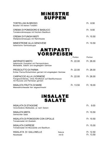 Veneziana Speisekarte - im ***Hotel Vorab in Flims