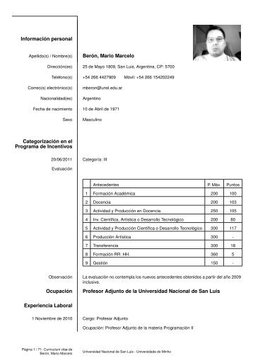 Información personal Berón, Mario Marcelo Categorización en el ...