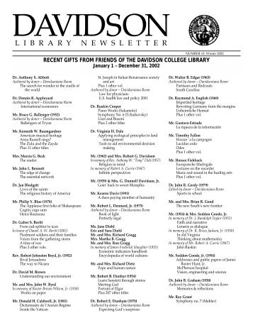 Library Gift List-4/1/03 - Davidson College
