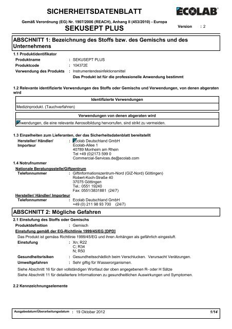 SICHERHEITSDATENBLATT SEKUSEPT PLUS - Ecolab Healthcare