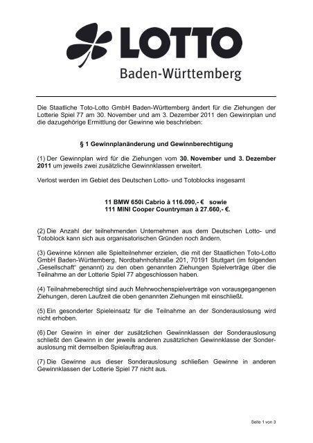 Die Staatliche Toto-Lotto GmbH Baden-Württemberg ändert für die ...