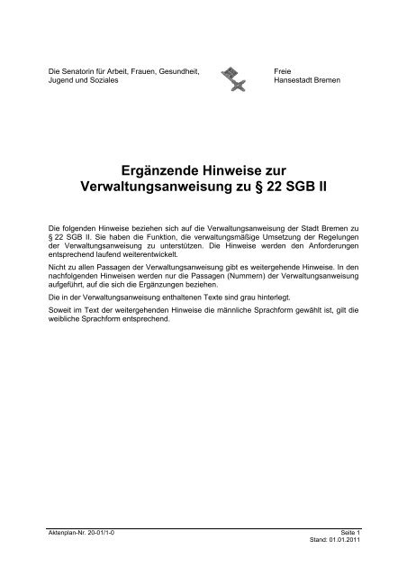 Ergänzende Hinweise zur Verwaltungsanweisung zu § 22 SGB II