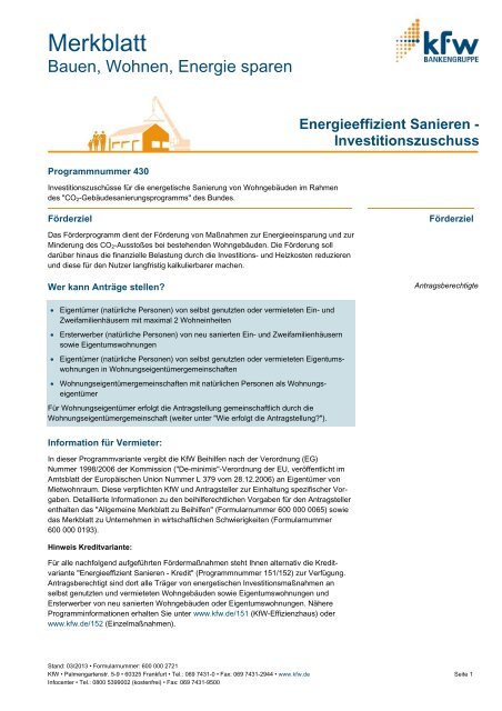 Merkblatt Energieeffizient Sanieren - Investitionszuschuss (PDF) - KfW