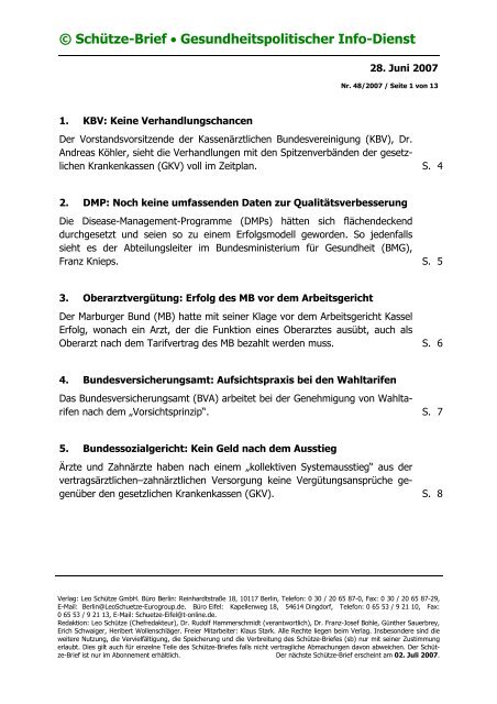 © Schütze-Brief • Gesundheitspolitischer Info-Dienst