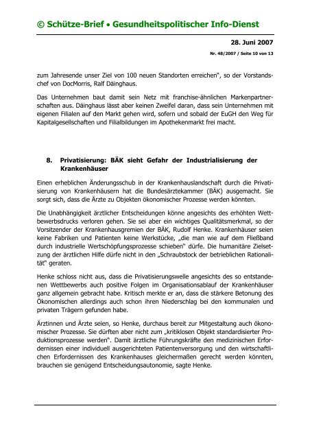 © Schütze-Brief • Gesundheitspolitischer Info-Dienst