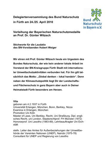 Naturschutzmedaille fuer Guenter Witzsch - Bund Naturschutz in ...