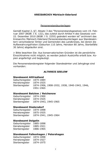 1 KREISARCHIV Märkisch-Oderland Personenstandsunterlagen ...