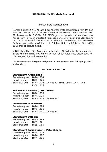 1 KREISARCHIV Märkisch-Oderland Personenstandsunterlagen ...