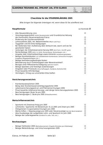 Checkliste Steuererklärung 2005 - Glaronia Treuhand AG