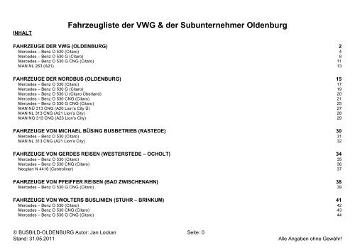 Fahrzeugliste der VWG & der Subunternehmer Oldenburg