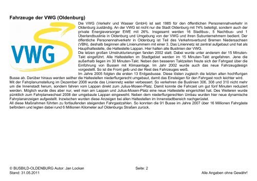 Fahrzeugliste der VWG & der Subunternehmer Oldenburg