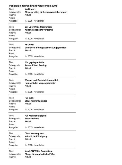 Podologie Jahresinhaltsverzeichnis 2005 - Verlag Neuer Merkur ...