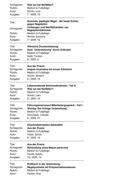 Podologie Jahresinhaltsverzeichnis 2005 - Verlag Neuer Merkur ...