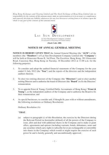 NOTICE OF ANNUAL GENERAL MEETING - Lai Sun Group