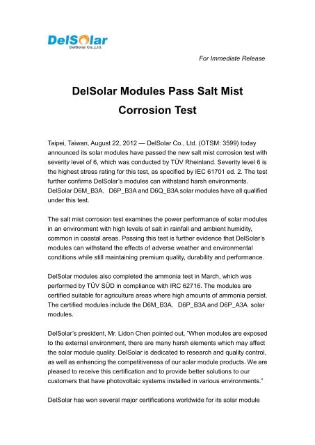 DelSolar Modules Pass Salt Mist Corrosion Test