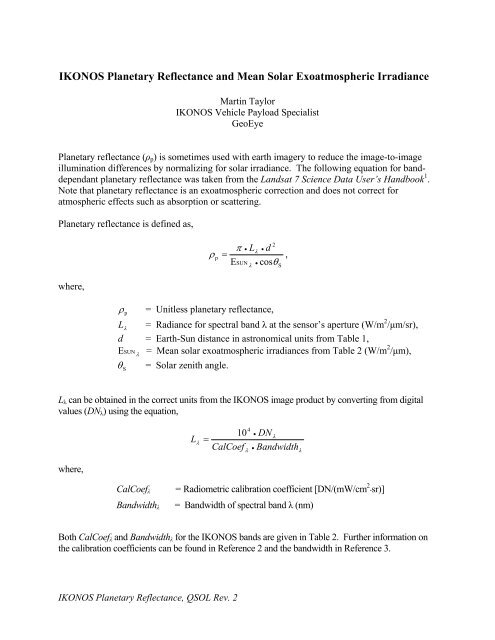 IKONOS Planetary Reflectance and Mean Solar Exoatmospheric