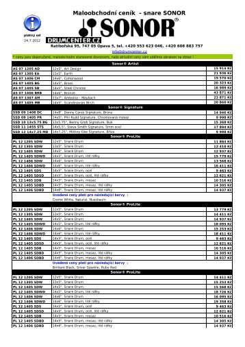 Maloobchodní ceník - snare SONOR - drumcenter.cz