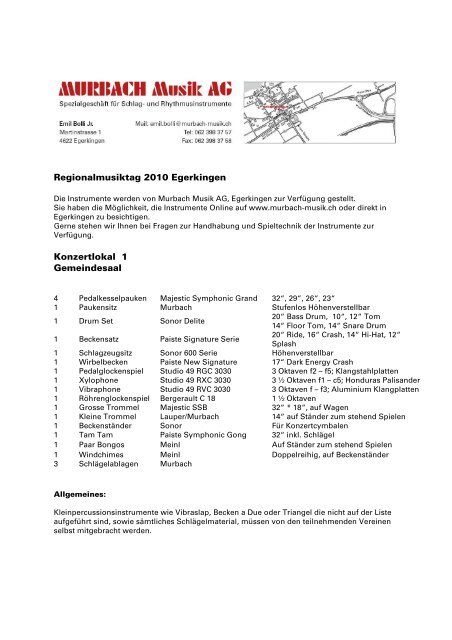 Instrumenteliste Schlagzeug Konkordia Egerkingen