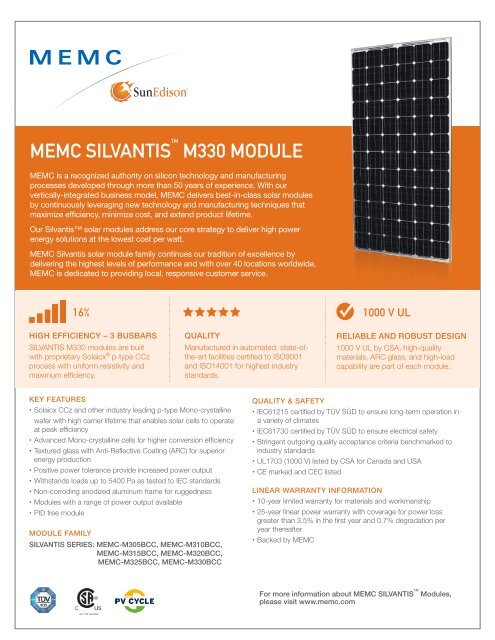 330W BCC Solar Module - MEMC