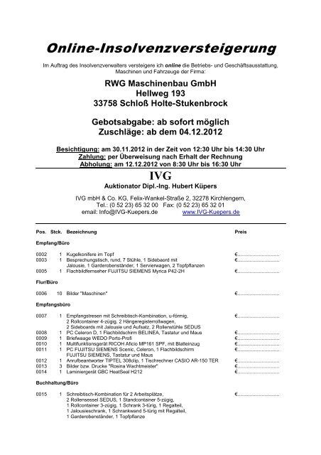 RWG Maschinenbau GmbH Hellweg 193 33758 SchloÃŸ Holte