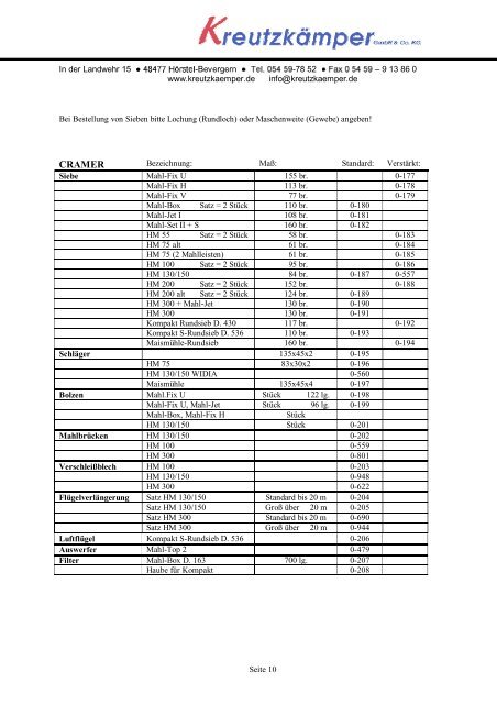 Ersatzteileliste Cramer