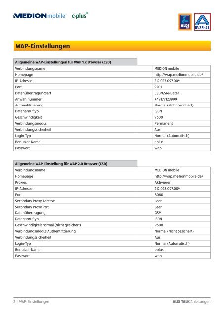 WAP-Einstellungen - Aldi Talk