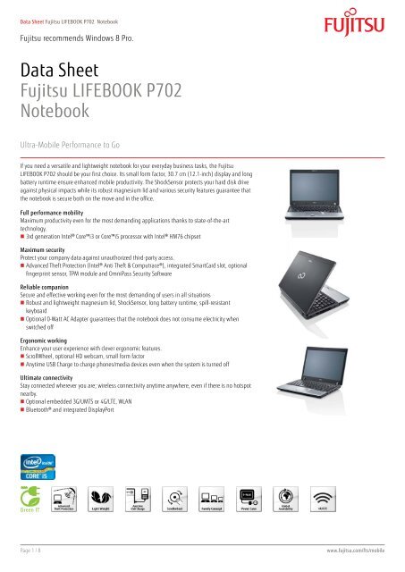 Data Sheet Fujitsu LIFEBOOK P702 Notebook