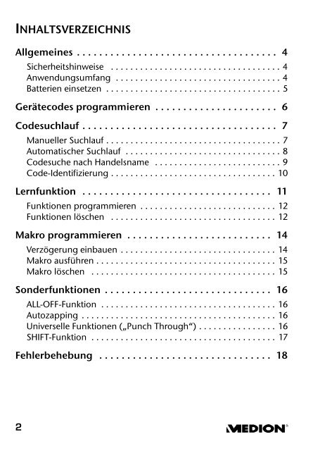 TASTENÜBERSICHT - Medion