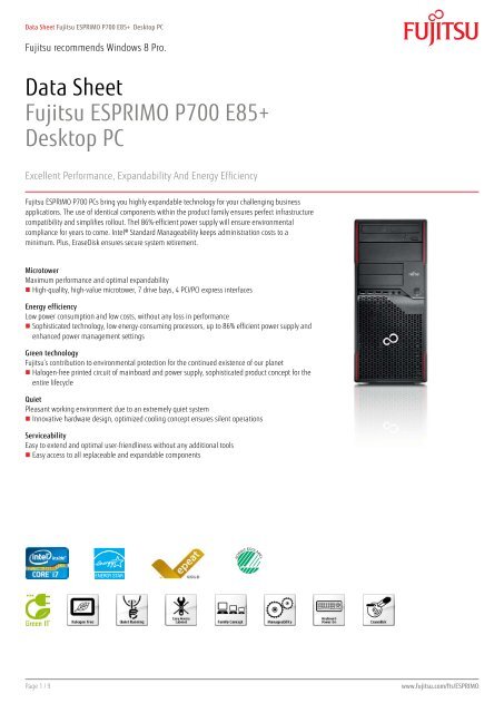 Data Sheet Fujitsu ESPRIMO P700 E85+ Desktop PC