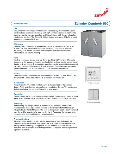 Zehnder Comfoair 550 Zehnder Comfoair 550 Zehnder America