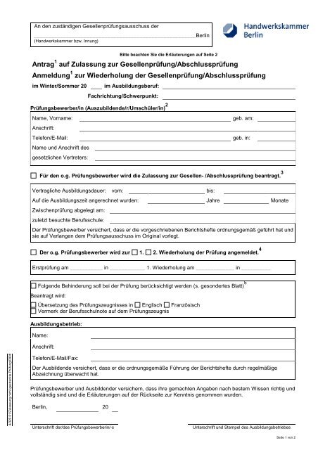 Antrag auf Zulassung zur Gesellenprüfung/Abschlussprüfung