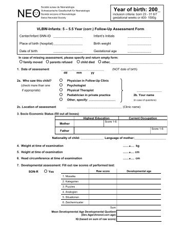 vlbw-infant: 18-months follow-up assessment form - Swiss Society of ...