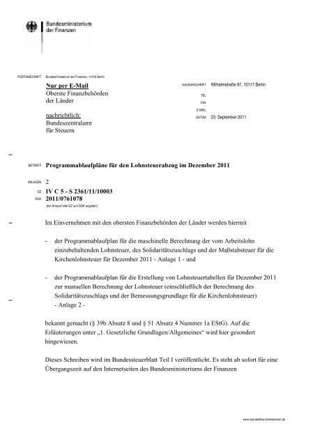 Programmablaufpläne für den Lohnsteuerabzug im Dezember 2011