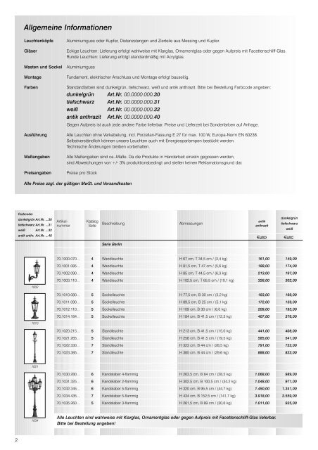 Historische Außenbeleuchtung Preisliste - Gastroversum