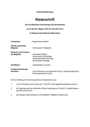 Protokoll der Ã¶ffentlichen Gemeinderatssitzung vom 24. Mai 2011