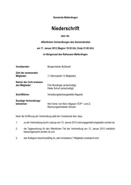 Protokoll der Ã¶ffentlichen Gemeinderatssitzung vom 17. Januar 2012