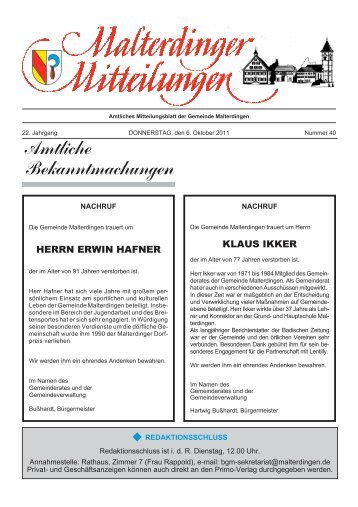Mitteilungsblatt Nr. 40 vom 6. Oktober 2011 (PDF - Gemeinde ...