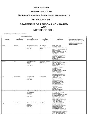 statement of persons nominated and notice of poll - Antrim Borough ...