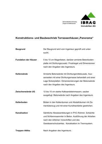 und Baubeschrieb Terrassenhäuser„Panorama“ - Ibrag Immobilien AG