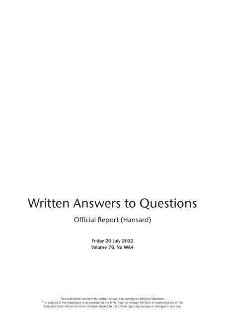 Written Answers to Questions - Northern Ireland Assembly